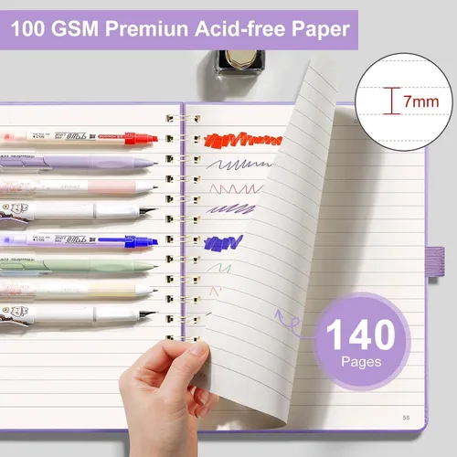 Vista 6 de EMSHOI Cuaderno rayado en espiral para mujeres y hombres, 140 páginas numeradas, cuaderno de tapa dura con rayas universitarias para trabajo y toma