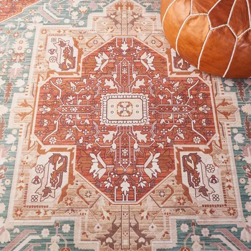 Vista 8 de SAFAVIEH Alfombra lavable Tucson Collection - 2 pies 6 pulgadas x 4 pies, aguamarina y óxido, antideslizante y fácil de limpiar, ideal para sala