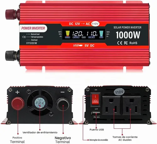 Vista 2 de Inversor de corriente para coche 12V a 110V 1000W/2000W (pico) Inversores de corriente para vehículos, camiones, hogar con salidas CA duales