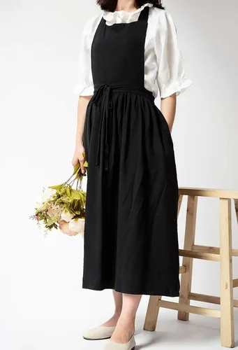 Vista 2 de Delantal largo de algodón plisado con espalda en X para cocina, jardín, floristería, ropa de trabajo, vestido con babero