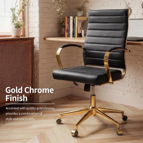 Vista 6 de Okeysen Silla de escritorio de oficina dorada, sillas ergonómicas de cuero modernas para sala de conferencias, silla ejecutiva acanalada ajustable