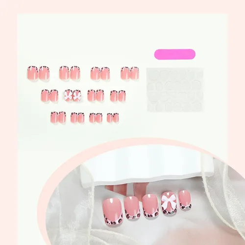 Vista 2 de Uñas Postizas Cuadradas Cortas con Diseños de Lazo 3D, Uñas Postizas de Leopardo con Punta Francesa, Uñas Adhesivas Brillantes, Uñas Acrílicas Nude