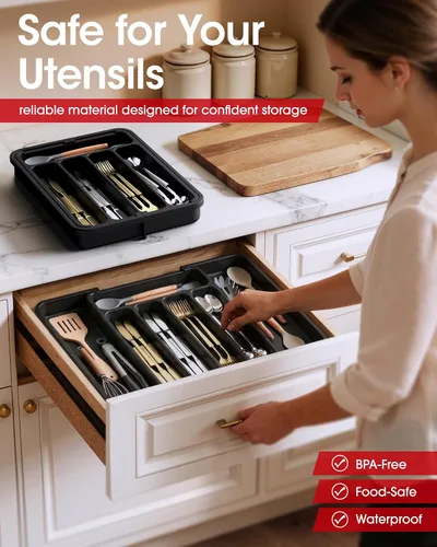 Vista 3 de Aujen Organizador de cubiertos – Organizador de cajones de cocina expandible, organizador de utensilios ajustable, bandeja de cubiertos