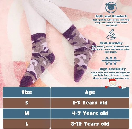 Vista 5 de Calcetines cálidos de lana para niños y niñas calcetines gruesos de invierno térmicos suaves acogedores calcetines de cuello redondo para niños