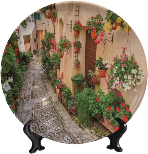 Vista 25 de Plato decorativo colgante de cerámica con temática de paisaje, plato decorativo redondo de plantas en maceta, con soporte decorativo, para sala