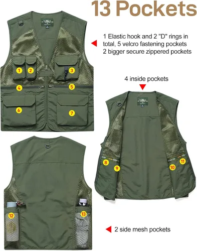 Vista 2 de Chaleco Flygo para hombre, para pesca, trabajo, safari, viaje de reportajes o para actividades al aire libre en verano, con bolsillos