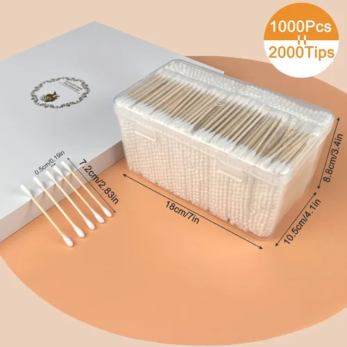 Vista 5 de Hisopos de algodón de bambú, 1000 unidades, capullos de algodón natural con caja de almacenamiento, palitos de bambú para el cuidado del oído