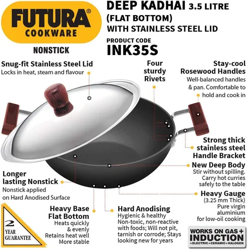 Vista 2 de HAWKINS Futura Kadhai de 3,5 litros de profundidad, Kadai antiadherente con tapa de acero inoxidable, fondo plano de inducción, Kadhai (INK35S)