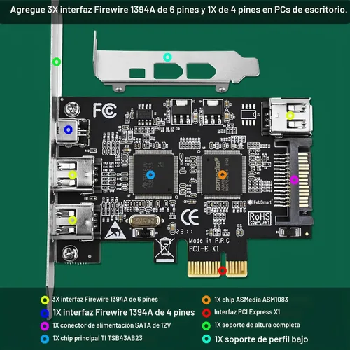 Vista 2 de Tarjeta de expansión PCIE Firewire 400 1394A de 4 puertos, Texas Instruments TI TSB43AB23, Plug and Play en PC de escritorio Windows y MAC, 3