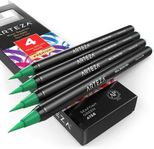 Vista 10 de Arteza Bolígrafos de pincel real, A174 gris delfín, paquete de 4, bolígrafos de acuarela con puntas de pincel de nailon, suministros de arte