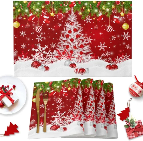 Vista 28 de Juego de 1 mantel individual gris de Navidad, manteles individuales de enanos de invierno y cardenales antideslizantes, manteles individuales