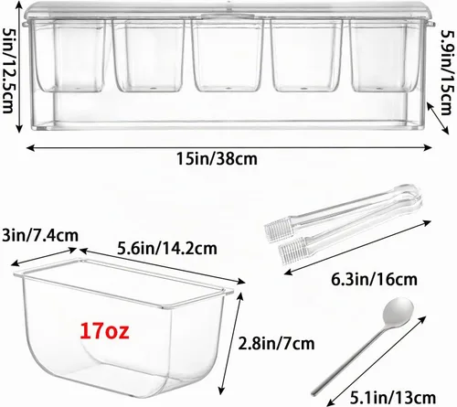 Vista 3 de MOLIGOU Servidor de condimentos refrigerado con tapa, bandeja de condimentos refrigerados con 5 compartimentos extraíbles, recipientes para servir