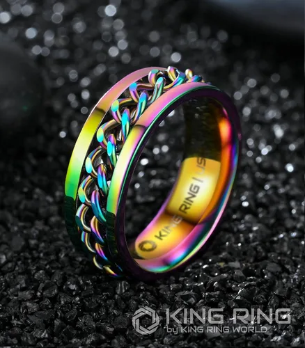 Vista 2 de King Ring Anillo giratorio de 0.315 pulgadas, anillo plano pulido fino para hombres y mujeres con cadena cubana, diseñado en Estados Unidos