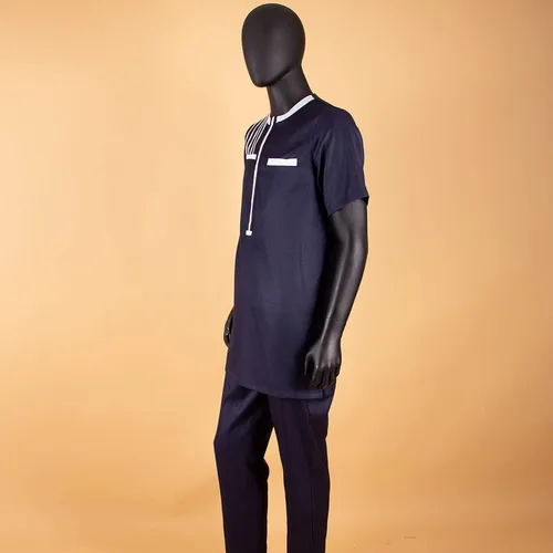 Vista 3 de Ropa africana para hombre, blusa casual de manga corta, pantalones, conjunto de 2 piezas, Bazin Riche, bolsillos, chándal para hombre, camisa