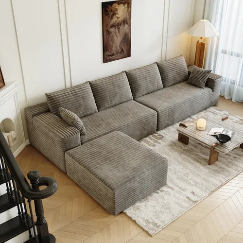 Vista 33 de Sofá modular modular de 139.4 pulgadas, sofás minimalistas en forma de L con diván de asiento medio, moderno sofá convertible de asiento profundo