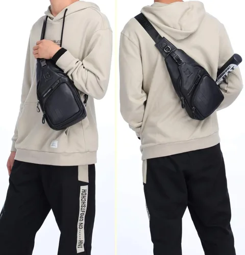Vista 5 de BULLCAPTAIN Bolso bandolera de cuero para hombre, bolso cruzado casual para el pecho, mochila de viaje