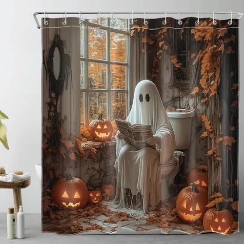 Vista 24 de LB Cortina de ducha espeluznante de Halloween, lindo fantasma en flores, árbol negro, luna llena, cortinas de ducha para baño, tela de poliéster