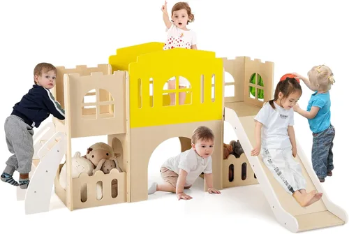 Vista 10 de Costzon Juego de tobogán infantil 8 en 1, tobogán independiente para niños con túnel, aro de baloncesto, juego de tobogán escalador para niños de 1