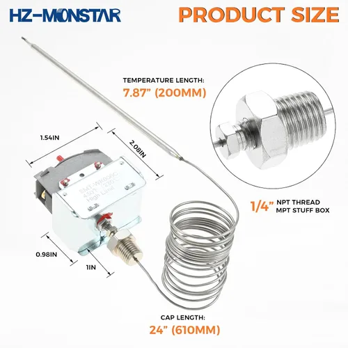 Vista 4 de Interruptor de freidora de termostato de límite alto PP10084 Lchmo5030 Compatible con freidora Pitco, caja de cosas MPT de rosca de 1/4 pulgadas