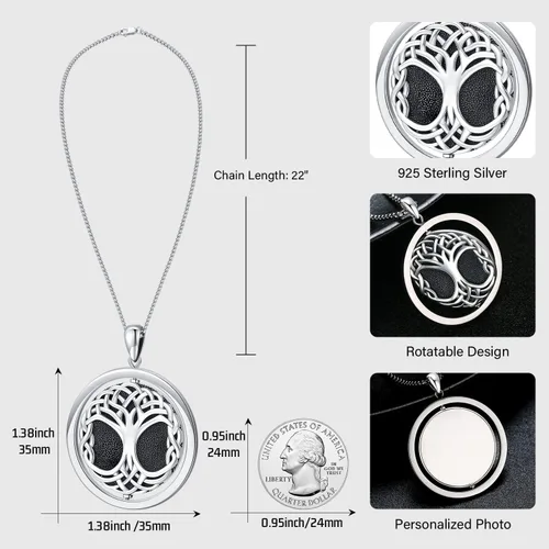 Vista 6 de Collar de árbol de la vida para mujeres y hombres, collar con colgante de árbol genealógico celta de plata de ley, collar personalizado con fotos