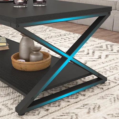 Vista 8 de HSH Mesa de sala de estar de madera de metal minimalista moderna negra con estante de almacenamiento, mesa central rectangular de 39 pulgadas y 2