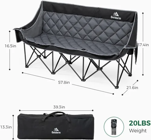 Vista 3 de Silla de campamento acolchada para 3 personas, sofá de campamento de gran tamaño, silla de campamento doble plegable resistente, sofá de dos plazas