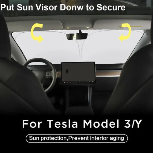Vista 6 de Gven Parasol para Parabrisas para Tesla Modelo Y/3 Accesorios 2025 Protector de Ventana Delantera de Coche 100% Opaco Protección UV de Doble Cara