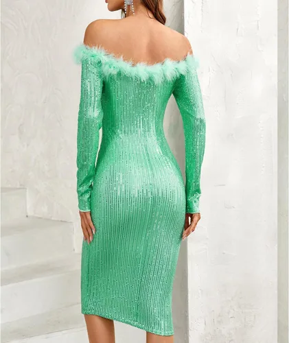 Vista 4 de NOYIVA Vestido ajustado de manga larga con lentejuelas y un solo hombro para mujer, vestido de cóctel brillante para fiesta de noche