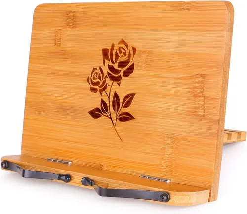 Vista 11 de MEGREZ Soporte de bambú para libros de 13.2 x 9.4 pulgadas, soporte plegable para libros de cocina con 6 alturas ajustables, soporte para libros