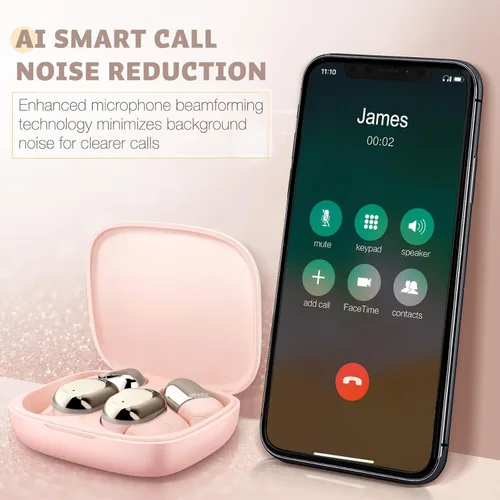 Vista 5 de ZIHNIC Auriculares de oreja abierta, comodidad durante todo el día, batería de 28 horas con uso prolongado, IPX5 impermeable, compatible con Rosa