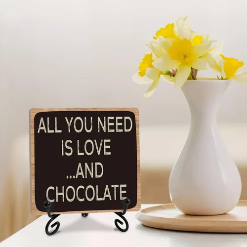 Vista 3 de Letreros de madera para mesa de cocina, cafetería, bar, decoración de escritorio, placa de madera con soporte, All You Need is Love and Chocolate