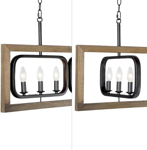Vista 5 de LOG BARN Lámpara de araña de granja de 31 pulgadas, 6 luces rectangulares de madera para isla de cocina con marco giratorio de metal negro, lámparas