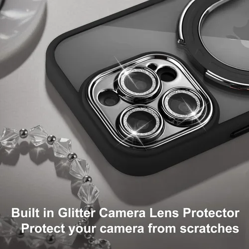 Vista 4 de Funda para iPhone 16 Pro con soporte magnético para mujeres y niñas, compatible con Magsafe, con protector de lente de cámara con purpurina, funda