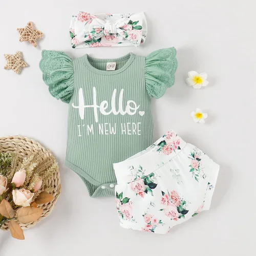 Vista 4 de Ropa de bebé niña, mameluco de encaje con volantes de verano para recién nacido + pantalones cortos florales, 3 piezas, sesión de fotos para niños