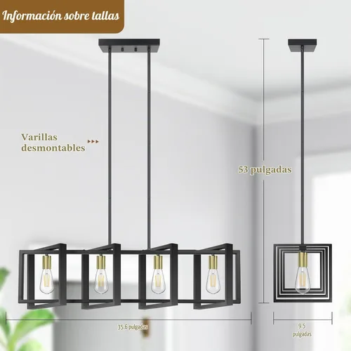 Vista 6 de Lámpara de comedor de 4 luces, lámpara de madera de granja de 53 pulgadas, iluminación de isla de cocina, sobre mesa, moderna lámpara colgante