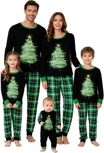 Vista 36 de Awoscut - Conjunto de pijamas navideños a juego, con estampado en la parte superior y pantalones a cuadros #B-7