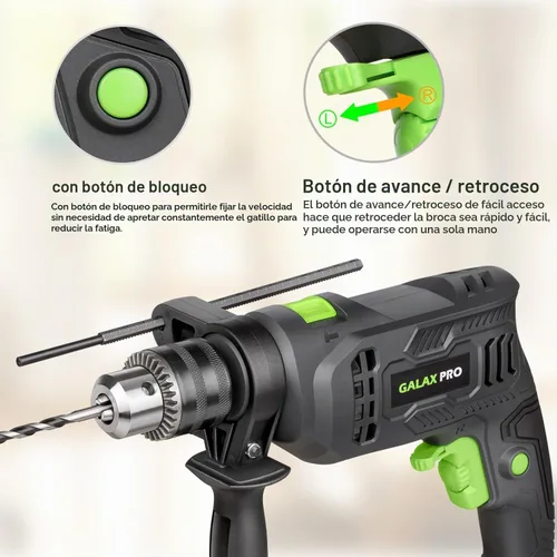 Vista 4 de GALAX PRO Taladro de martillo con cable de 4.5 amperios 0-3000 RPM, 5 brocas, martillo y taladro, 2 funciones en 1 con 12 velocidades variables