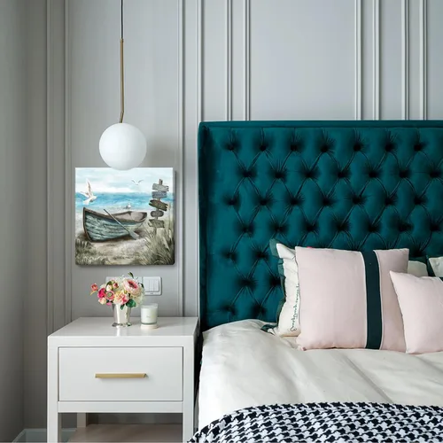 Vista 5 de Arte de pared para baño, decoración costera, barco náutico en la playa, lienzo con imagen de gaviota del océano, paisaje marino, arte de granja