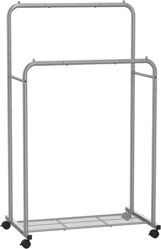 Vista 13 de SONGMICS Perchero de doble barra con ruedas, perchero para colgar ropa, perchero resistente con estante de almacenamiento de malla, 2 frenos, cada