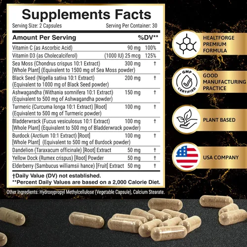 Vista 3 de Cápsulas de musgo marino irlandés Organic Seamoss 3000 mg Cápsulas de aceite de semilla negra 2000 mg Ashwagandha Suplementos 1000 mg de cúrcuma