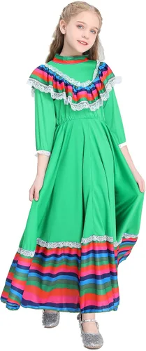 Vista 3 de BEDJIMI Vestido de fiesta mexicano del Cinco de Mayo para niñas disfraz de estilo nacional mexicano para fiestas eventos y celebraciones festivas