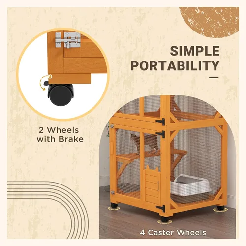 Vista 6 de Casa grande para gatos con caja de descanso alta, catio de madera de 71 pulgadas con techo de asfalto, recinto para gatos en interiores y exteriores