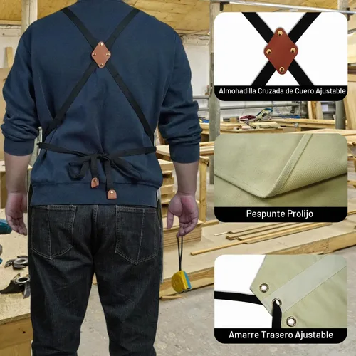 Vista 4 de Pelocapa Woodworking Tools Apron for Men Heavy Duty Waterproof Cotton Canvas Apron with 6 Pockets Color crema