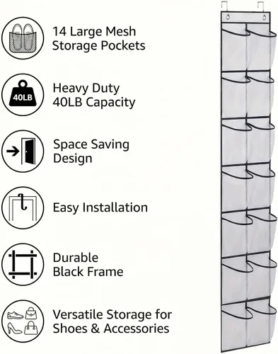 Vista 9 de Organizador de zapatos sobre la puerta con 14 bolsillos grandes de malla, almacenamiento colgante que ahorra espacio para zapatos y accesorios, Negro