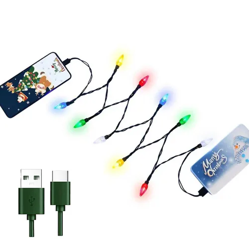 Vista 6 de Cable de carga para teléfono con luz navideña, cable de carga de bombillas de luces navideñas para automóvil, USB-A a tipo C de 55"/10 LED