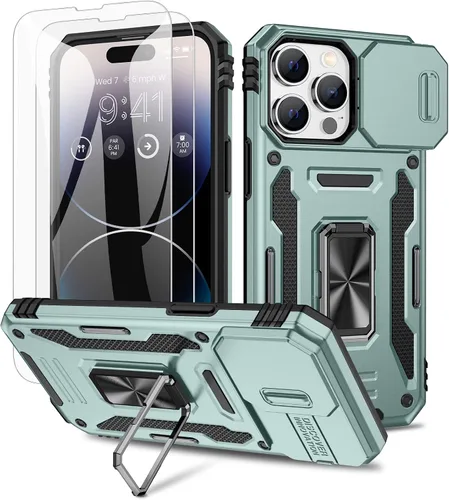 Vista 8 de Maxdara Funda para iPhone 14 Pro Max, con cubierta deslizante para cámara y soporte giratorio de 360° integrado y protector de pantalla de vidrio