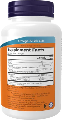 Vista 2 de NOW Suplementos, aceite de hígado de bacalao, extra fuerte, 1,000 mg con vitaminas A y D-3, EPA, DHA, 90 cápsulas blandas