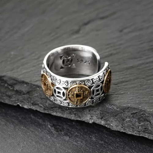 Vista 4 de Anillos de moneda de Feng Shui de plata de ley 925, anillo de dinero de la suerte para hombres y mujeres para atraer el éxito de la fortuna, Metal