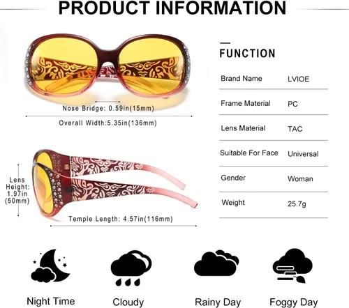 Vista 3 de LVIOE Gafas de conducción de visión nocturna envolventes antirreflejos con lente amarilla polarizada para mujer