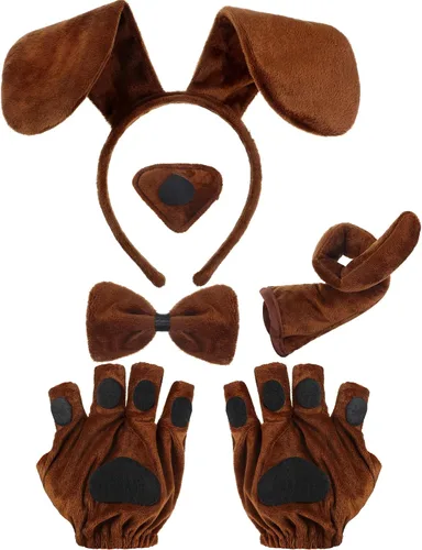 Vista 13 de Syhood Conjunto de disfraz de perro para cachorro, diadema con orejas de perro, corbatín, nariz, cola, guantes, accesorios de disfraz de animales